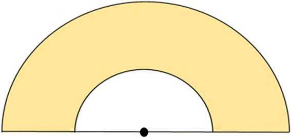 右下の図の色のついた部分の面積を求めましょう。大きな半円と小さな半円の半径は、それぞれ19cm、9cm とし、円周率は3.14とします。